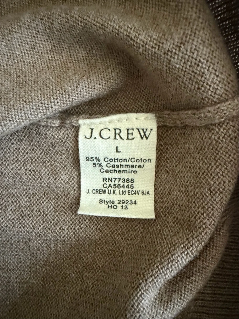 Soft Cotton Cashmere Blend J. Crew Men’s Crewneck Sweater in Camel - Large